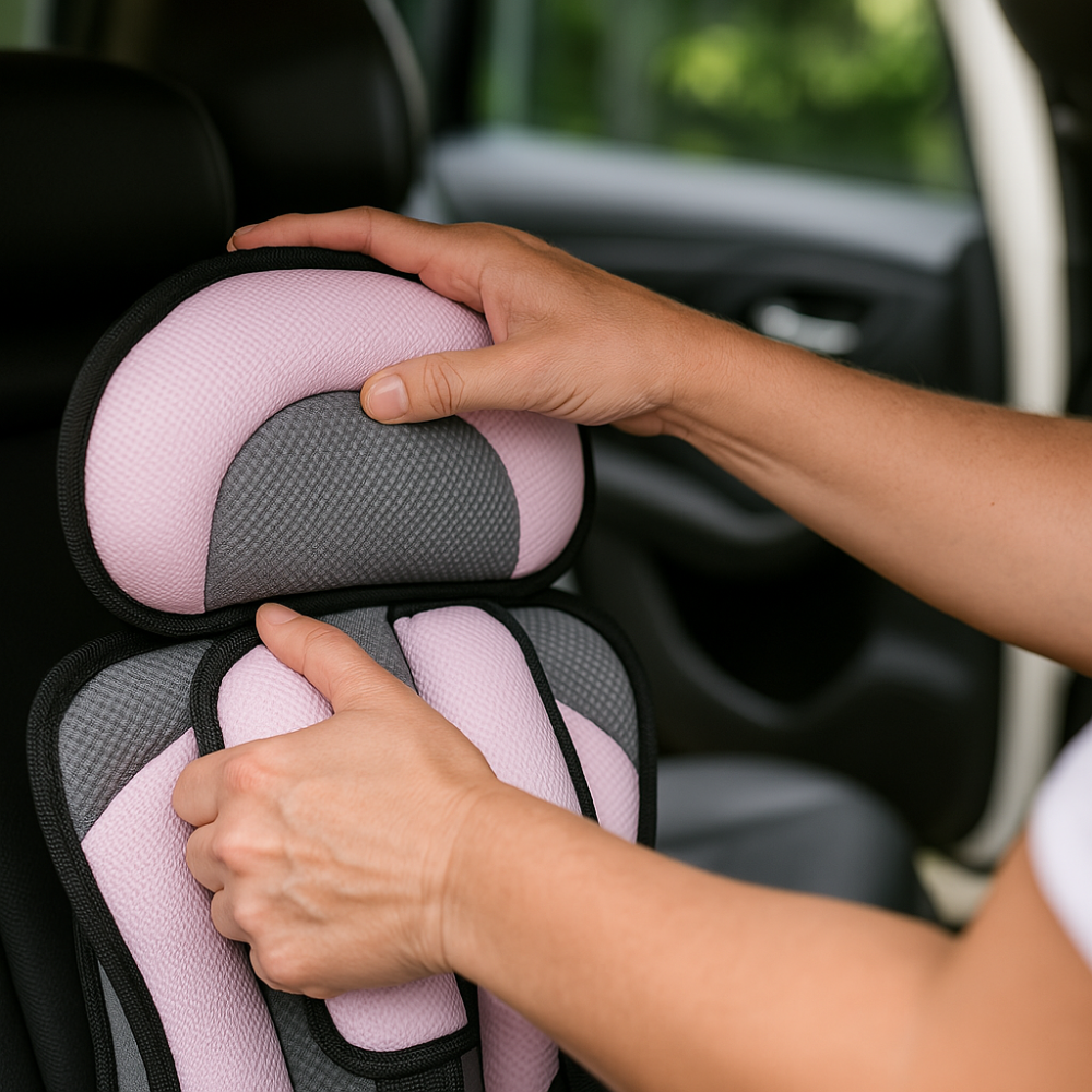 Portable car seat with five-point harness, breathable and adjustable