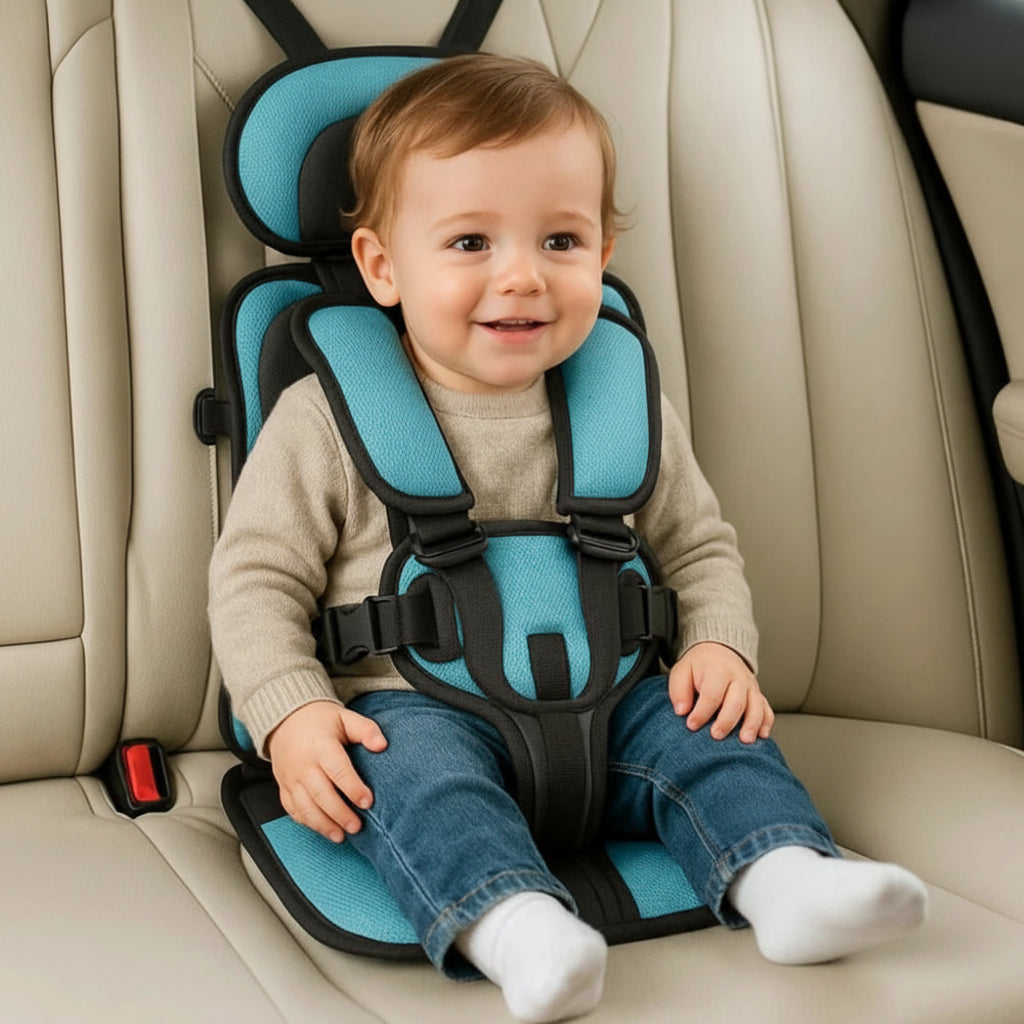 Portable child car seat with 5-point harness, foldable and lightweight, 2 sizes, 8 colours