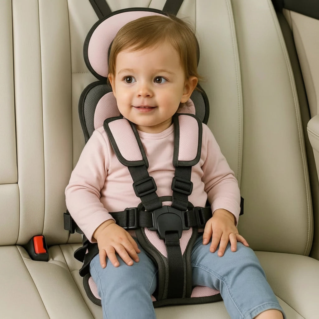 Portable child car seat with 5-point harness, foldable and lightweight, 2 sizes, 8 colours