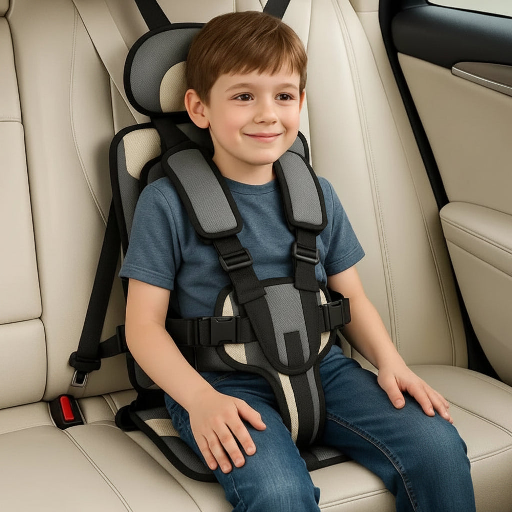 Portable child car seat with 5-point harness, foldable and lightweight, 2 sizes, 8 colours