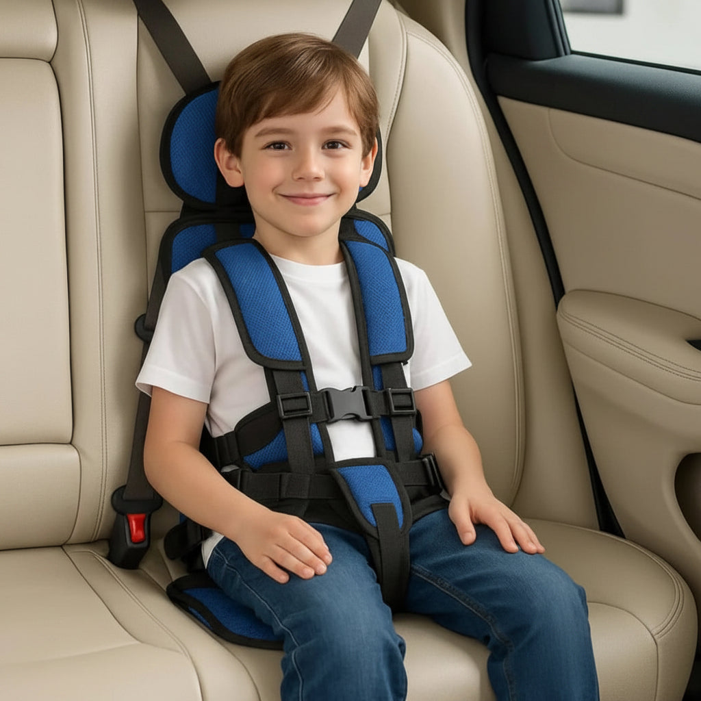 Portable child car seat with 5-point harness, foldable and lightweight, 2 sizes, 8 colours