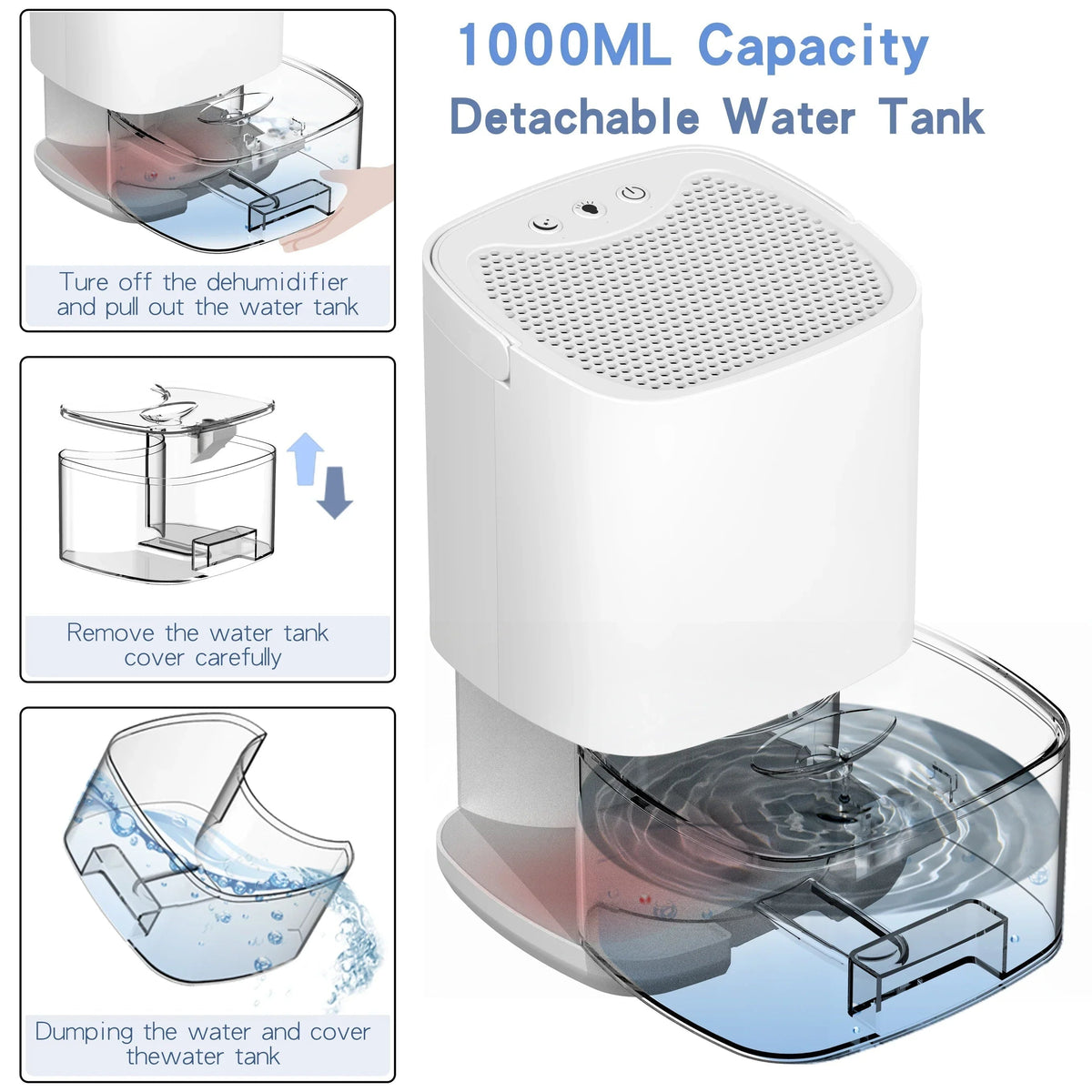 Portable Dehumidifier with Drain Hose for Basement Crawl Space and Air Purifier 1 Litre