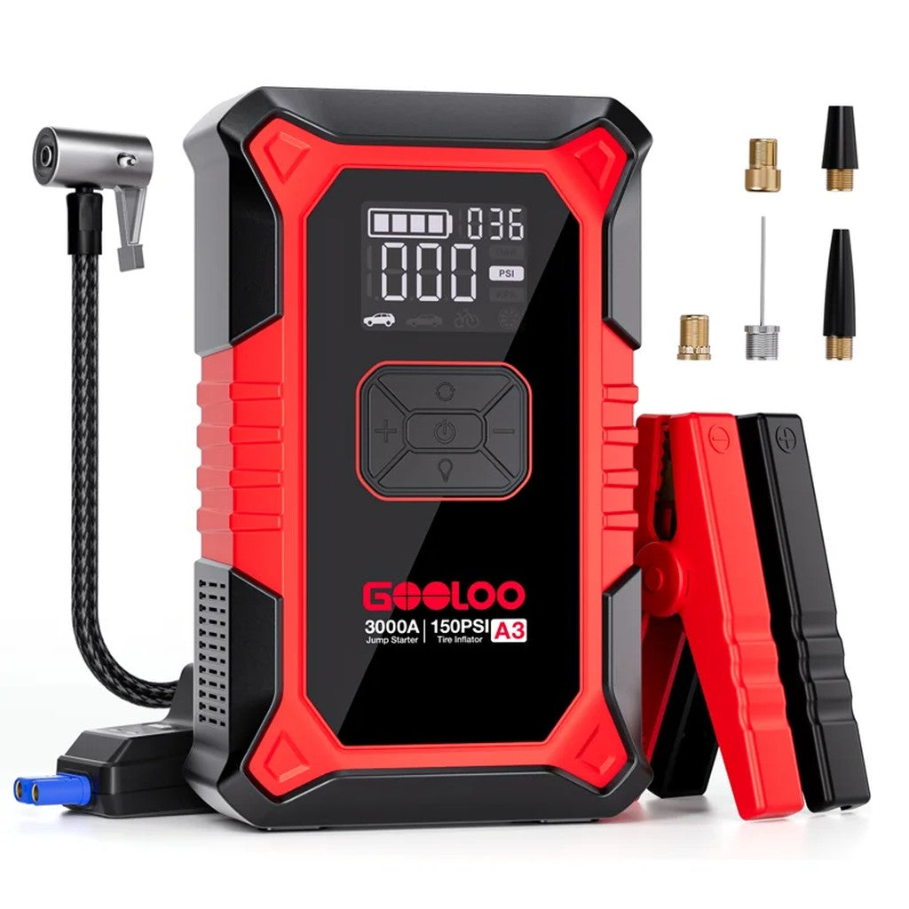Portable jump starter with air compressor, 3000A peak 12V car battery booster for up to 9.0L petrol / 6.5L diesel, 150 P