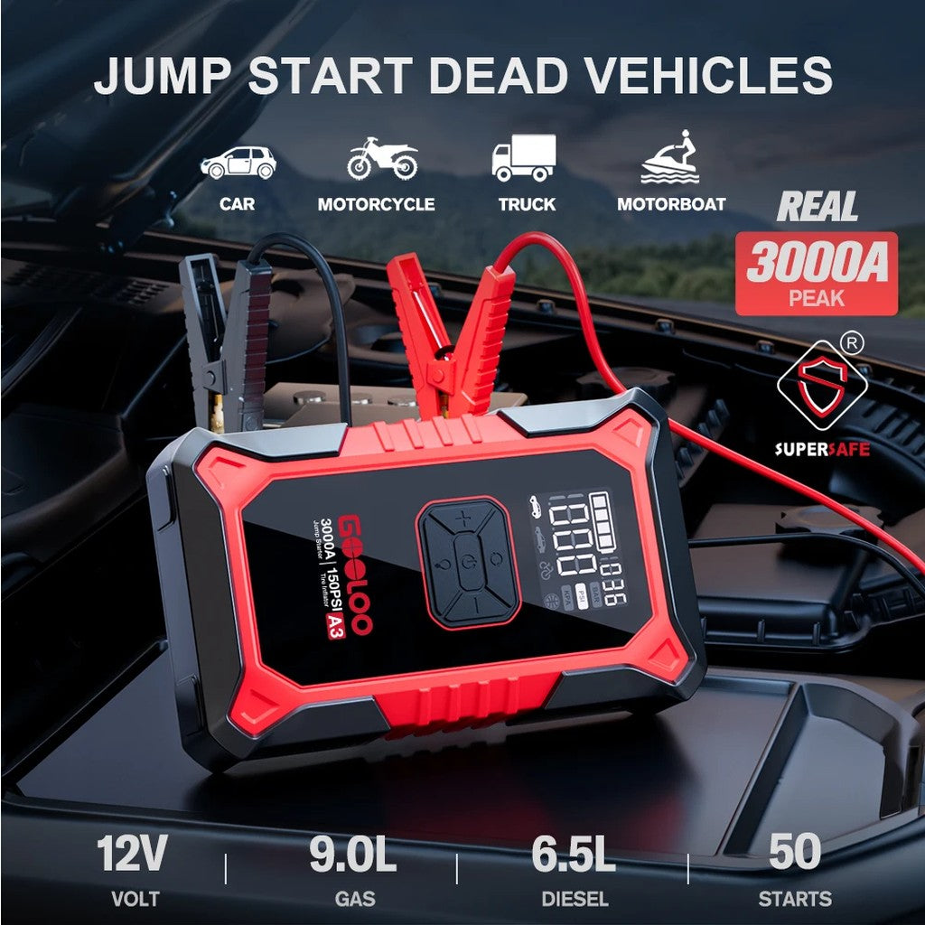 Portable jump starter with air compressor, 3000A peak 12V car battery booster for up to 9.0L petrol / 6.5L diesel, 150 P