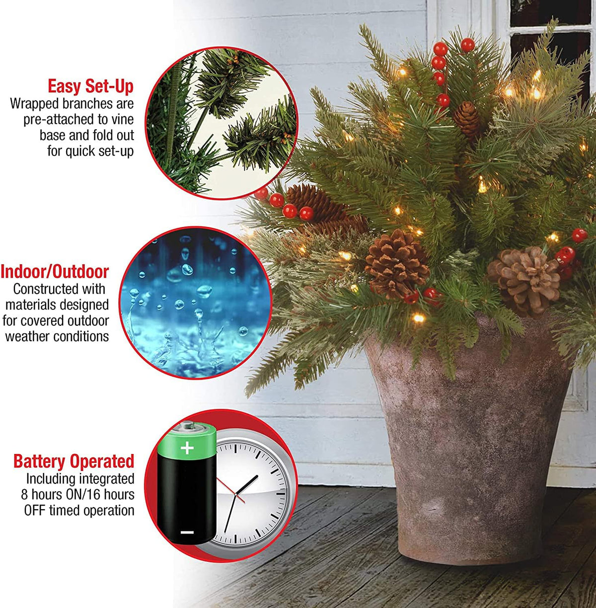 Pre-Lit Artificial Christmas Urn Filler with LED Lights