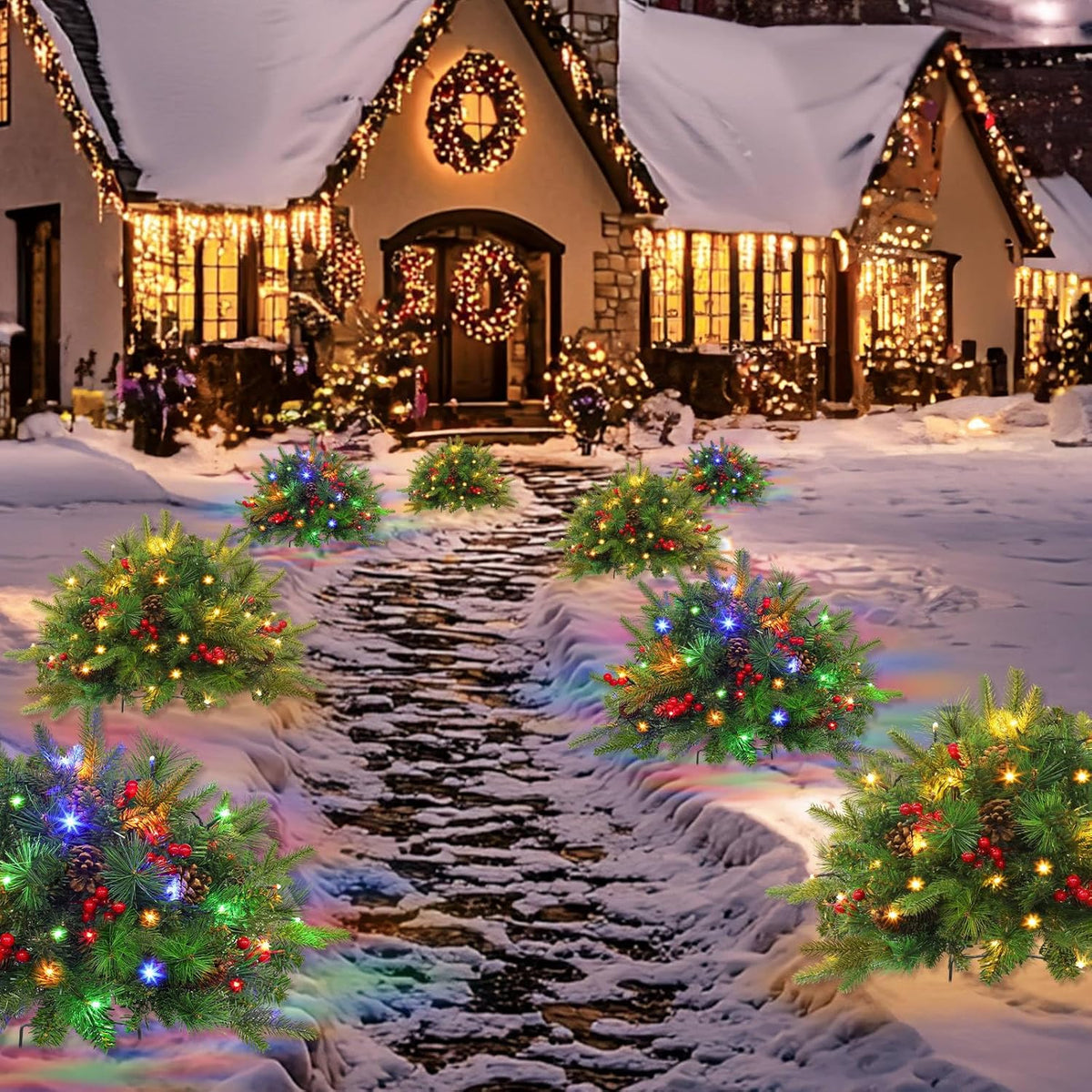 Pre-Lit Artificial Christmas Urn Filler with LED Lights
