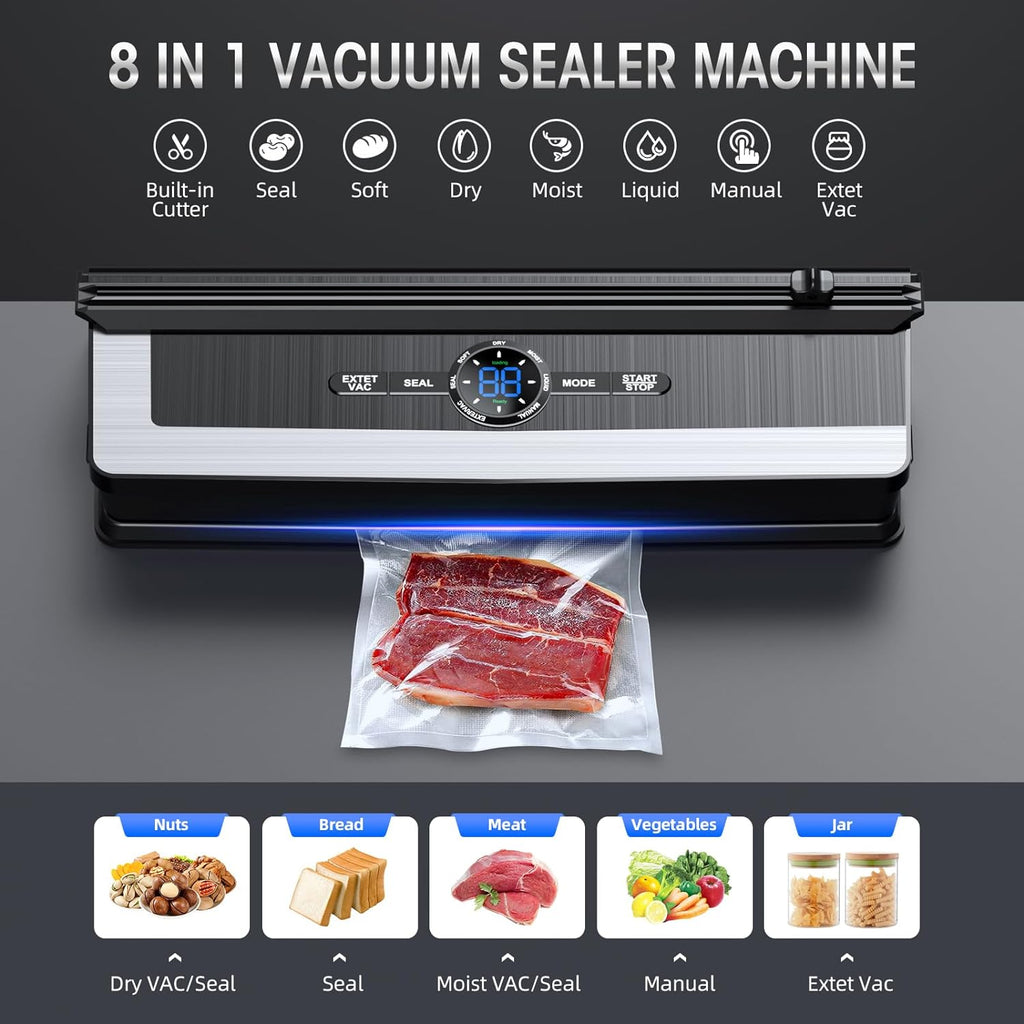Boneroshop | Professional 8-in-1 Vacuum Sealer | Integrated Precision Cutter | Modes for Dry & Moist Foods | Airtight LE