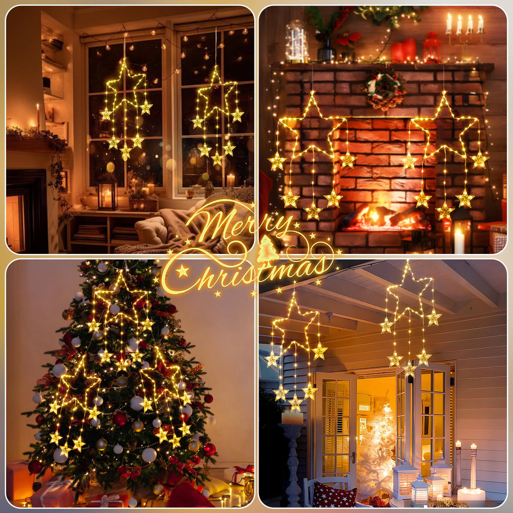 Quntis Large Christmas Window Star Lights – 2 Pack, 95cm, 84 LED, 12 Stars, Battery Operated with Timer & 8 Modes, Warm 
