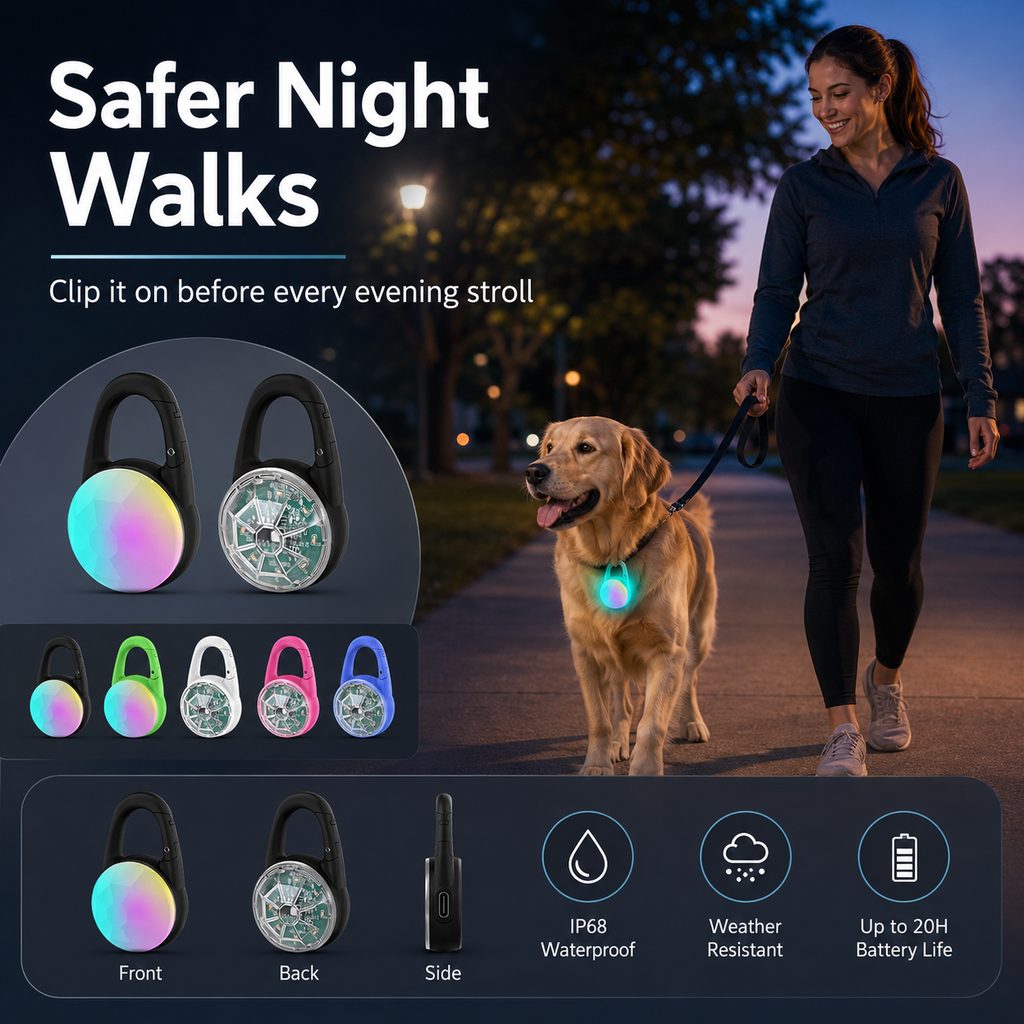 Rechargeable Clip-On LED Dog Safety Light for Night Walks – Keeps Pets Visible During Evening Walks, Jogging & Outdoor A