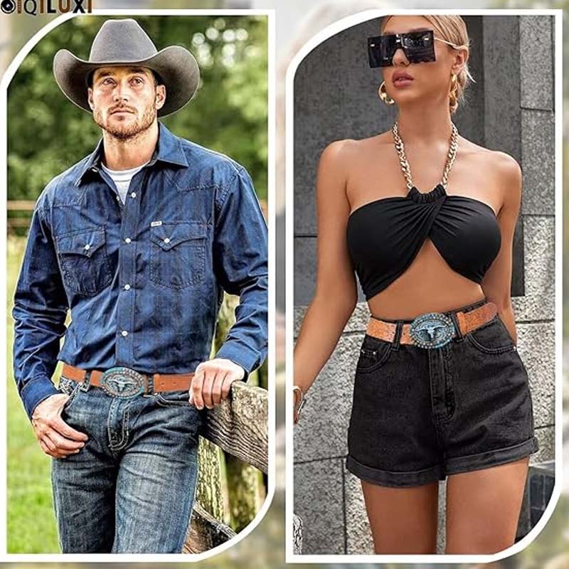 Retro punk embossed western denim belt