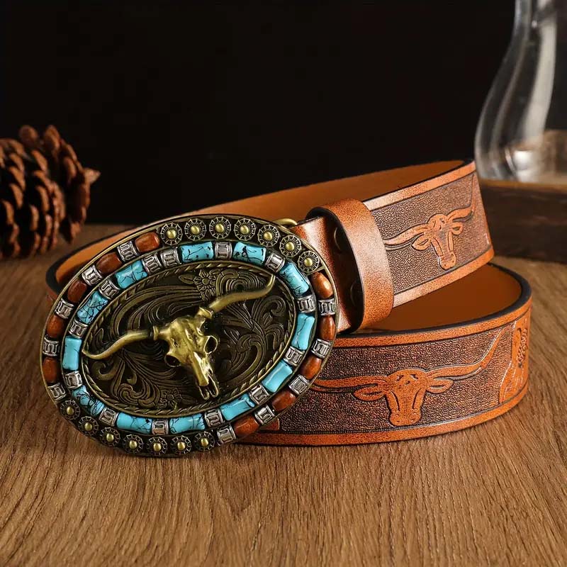 Retro punk embossed western denim belt