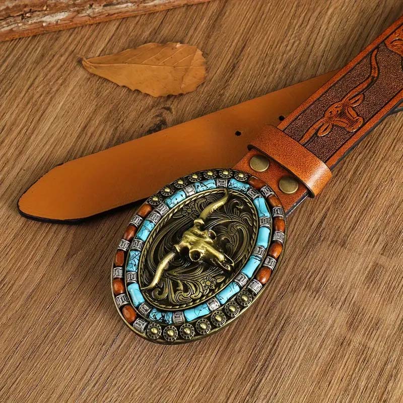 Retro punk embossed western denim belt