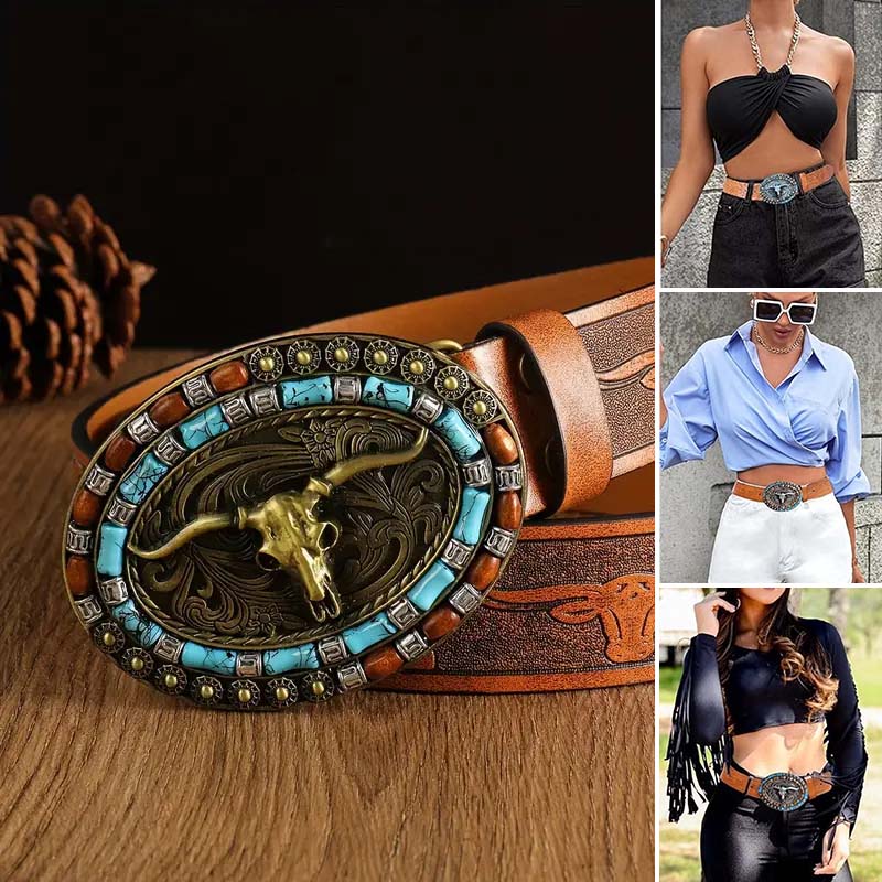 Retro punk embossed western denim belt
