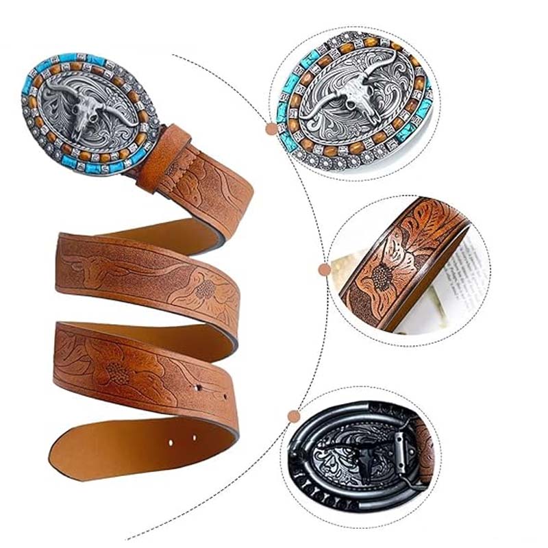 Retro punk embossed western denim belt