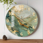 Round Silent Clock with Gold Accents – Abstract Marble and Wood Design