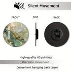 Round Silent Clock with Gold Accents – Abstract Marble and Wood Design