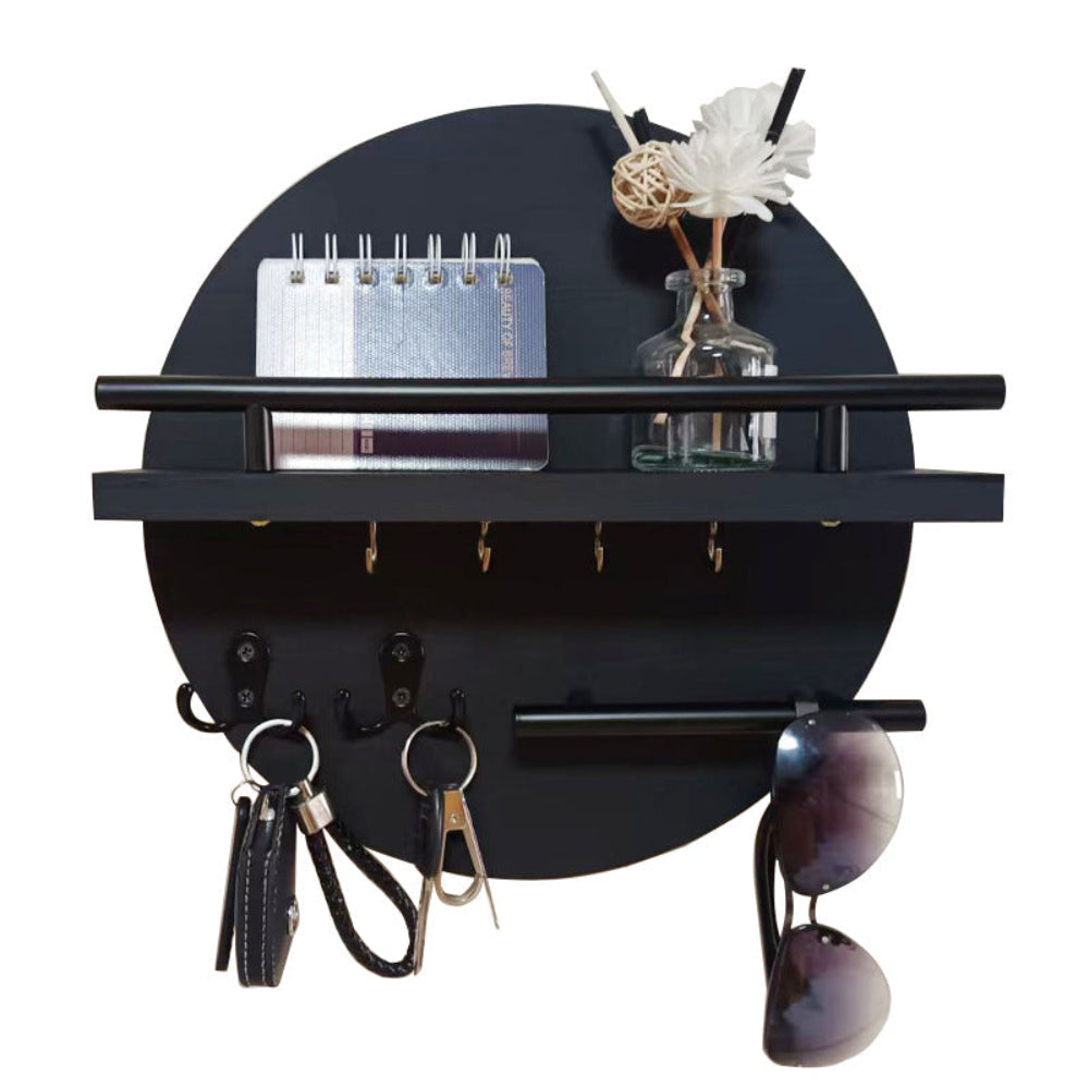 Round Wooden Key Holder for Wall with Shelf and Hooks Entryway Organiser Wall Mounted Mail and Key Rack with Metal Accen