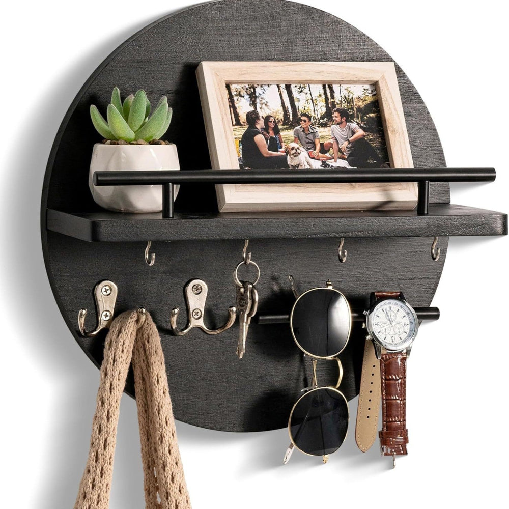 Round Wooden Key Holder for Wall with Shelf and Hooks Entryway Organiser Wall Mounted Mail and Key Rack with Metal Accen