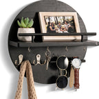 Round Wooden Key Holder for Wall with Shelf and Hooks Entryway Organiser Wall Mounted Mail and Key Rack with Metal Accen