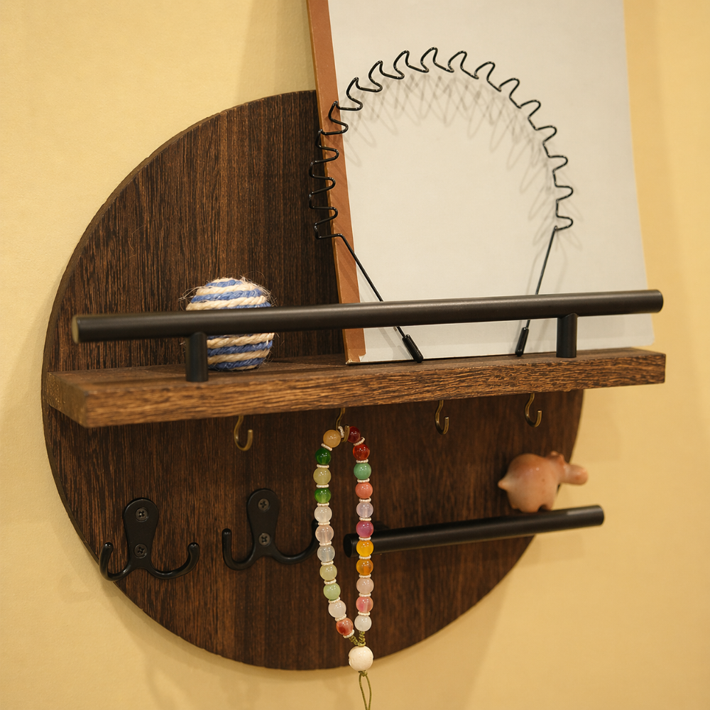 Round Wooden Key Holder for Wall with Shelf and Hooks Entryway Organiser Wall Mounted Mail and Key Rack with Metal Accen