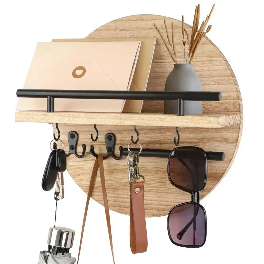 Round Wooden Key Holder for Wall with Shelf and Hooks Entryway Organiser Wall Mounted Mail and Key Rack with Metal Accen
