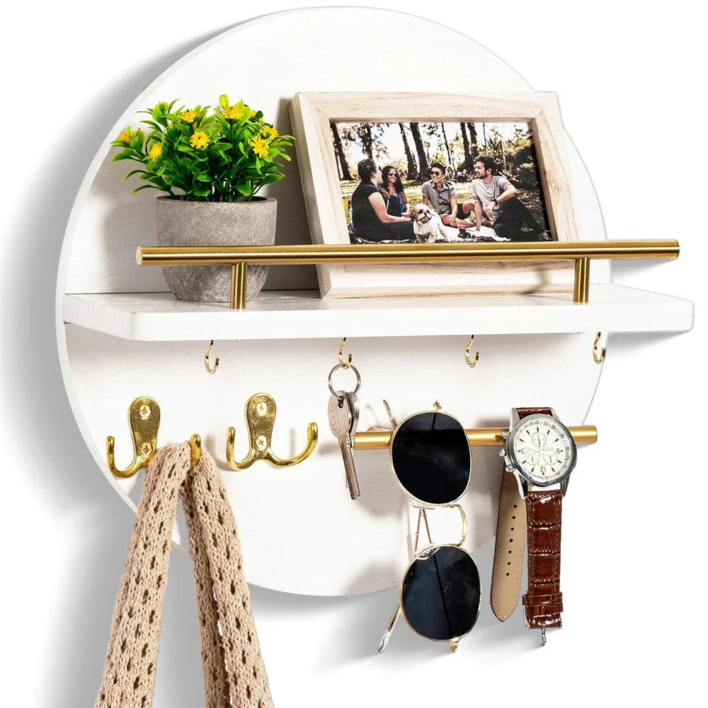 Round Wooden Key Holder for Wall with Shelf and Hooks Entryway Organiser Wall Mounted Mail and Key Rack with Metal Accen