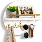 Round Wooden Key Holder for Wall with Shelf and Hooks Entryway Organiser Wall Mounted Mail and Key Rack with Metal Accen