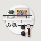 Round Wooden Key Holder for Wall with Shelf and Hooks Entryway Organiser Wall Mounted Mail and Key Rack with Metal Accen