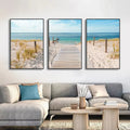 Set of 3 Blue Ocean Sandy Beach Canvas Prints – Calming Seascape Wall Art for Living Room