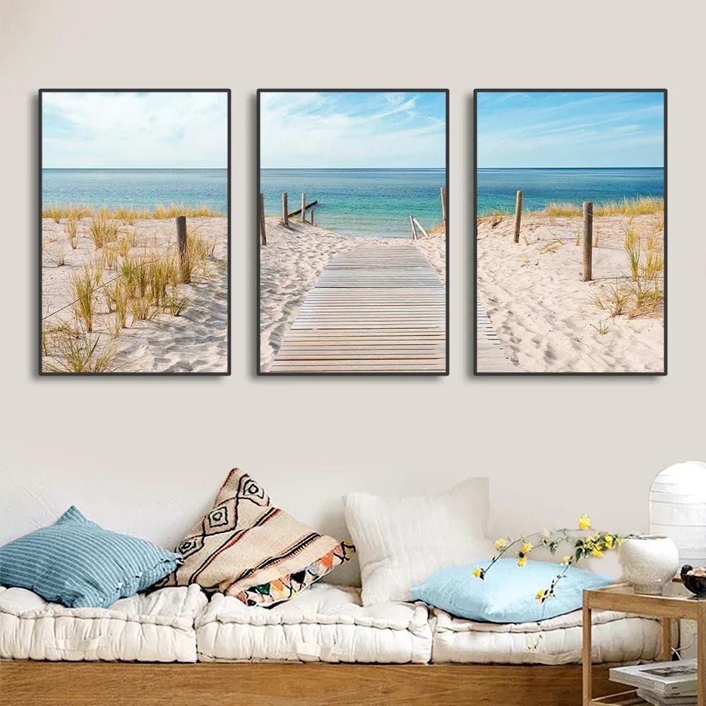 Set of 3 Blue Ocean Sandy Beach Canvas Prints – Calming Seascape Wall Art for Living Room