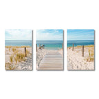 Set of 3 Blue Ocean Sandy Beach Canvas Prints – Calming Seascape Wall Art for Living Room