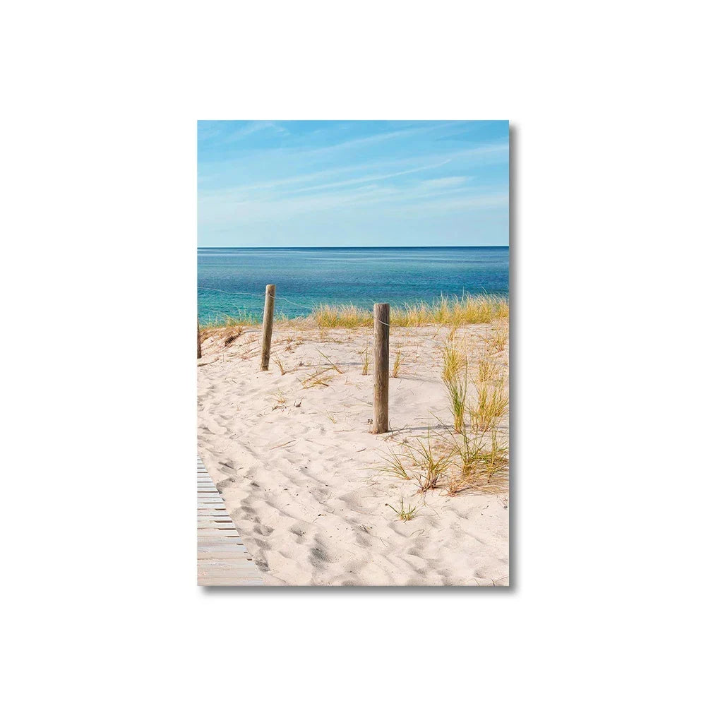 Set of 3 Blue Ocean Sandy Beach Canvas Prints – Calming Seascape Wall Art for Living Room