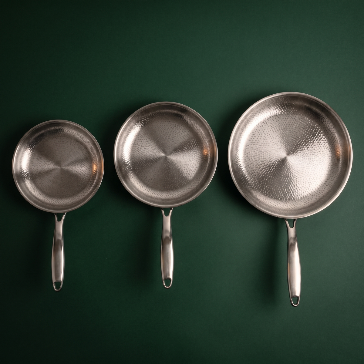 Set of 3 Hand-Hammered Titanium Frying Pans 24, 26 and 28 cm