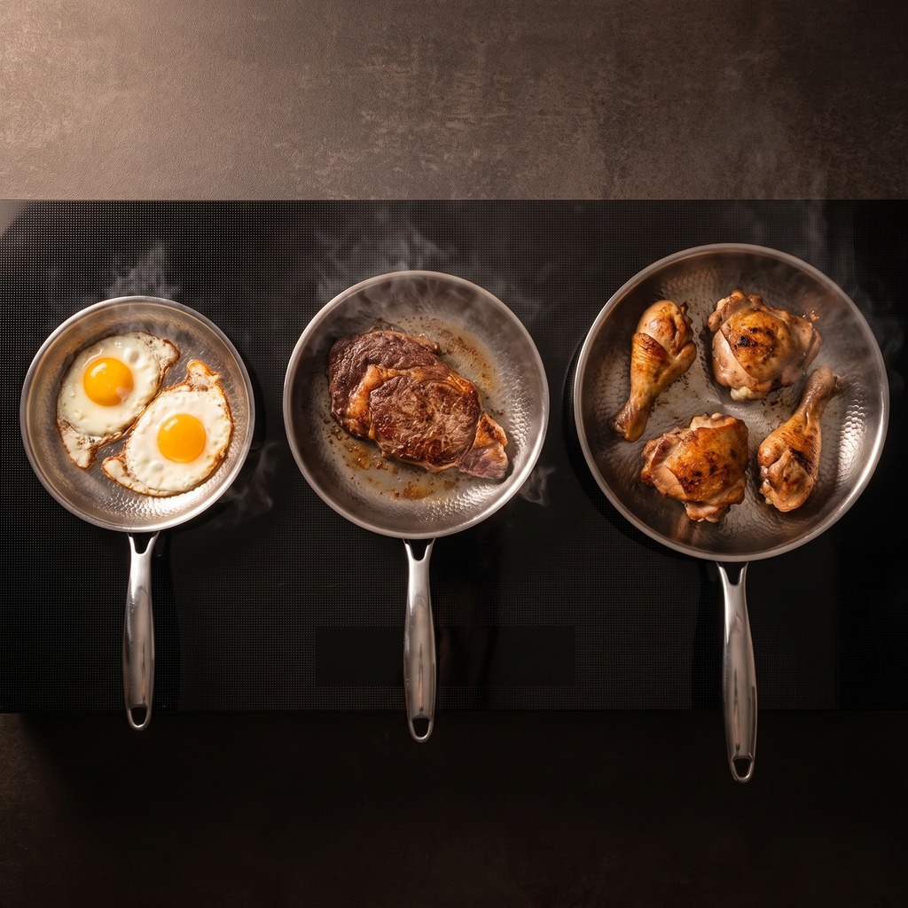 Set of 3 Hand-Hammered Titanium Frying Pans 24, 26 and 28 cm