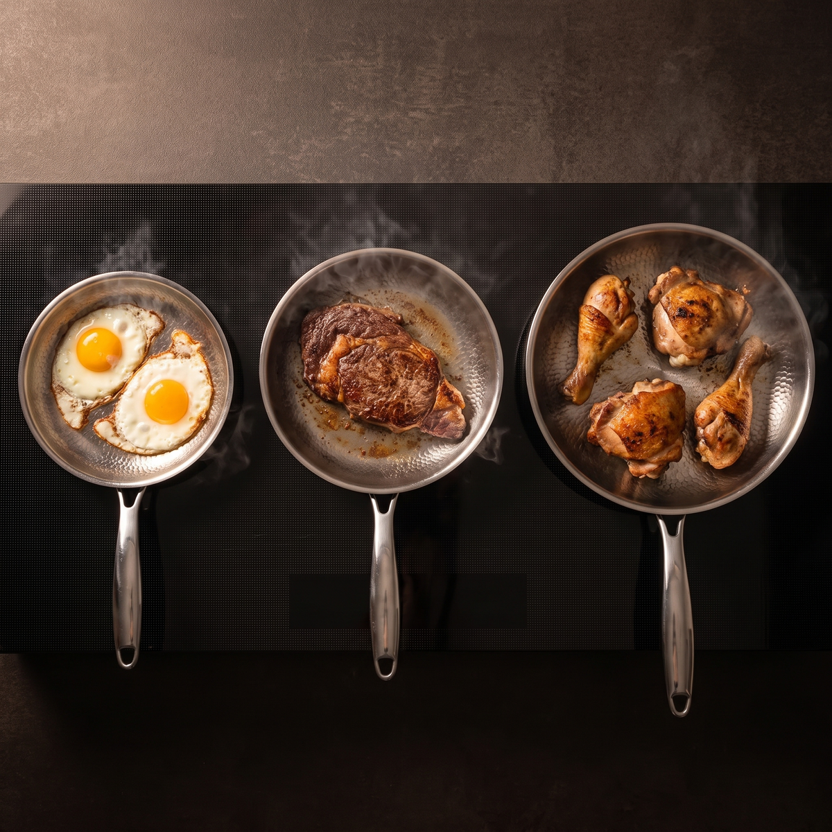 Set of 3 Hand-Hammered Titanium Frying Pans 24, 26 and 28 cm