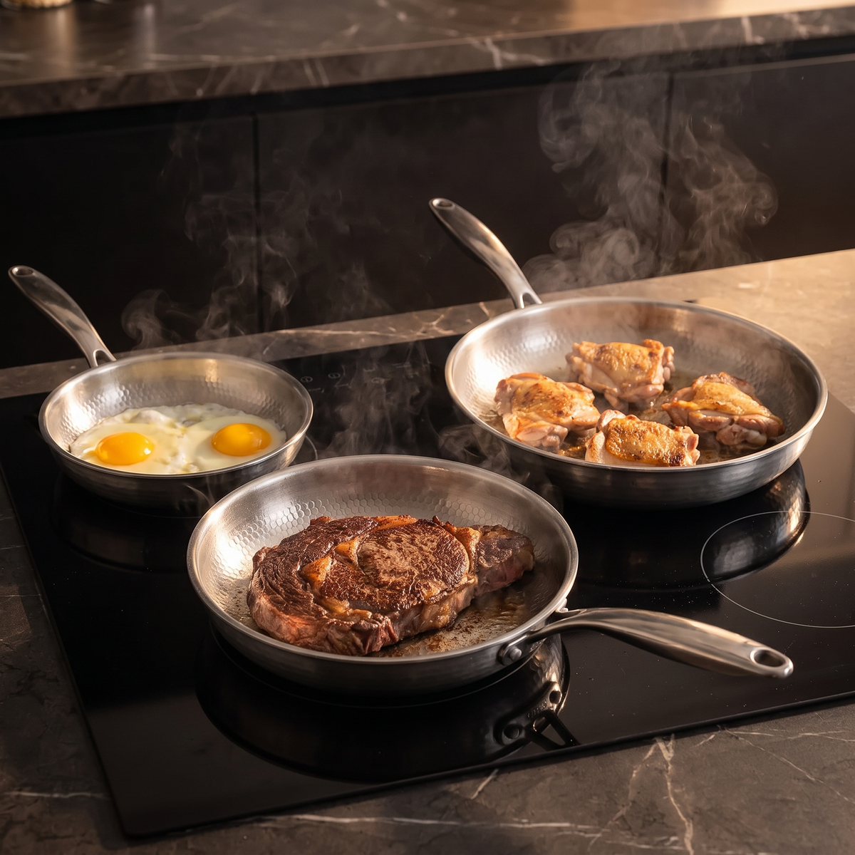Set of 3 Hand-Hammered Titanium Frying Pans 24, 26 and 28 cm