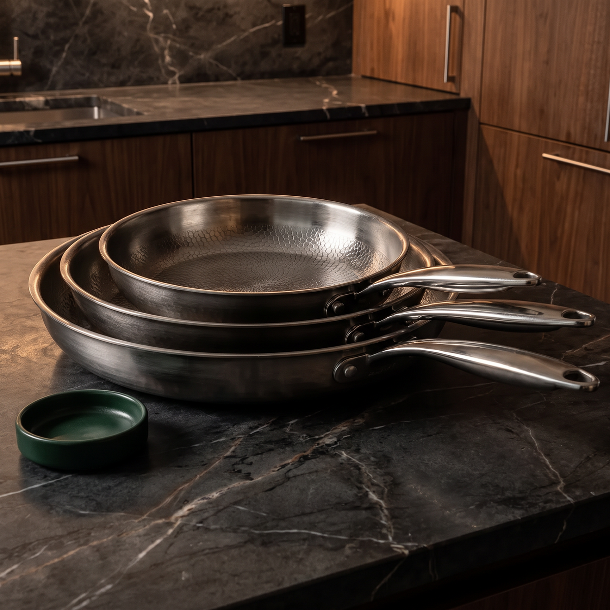 Set of 3 Hand-Hammered Titanium Frying Pans 24, 26 and 28 cm