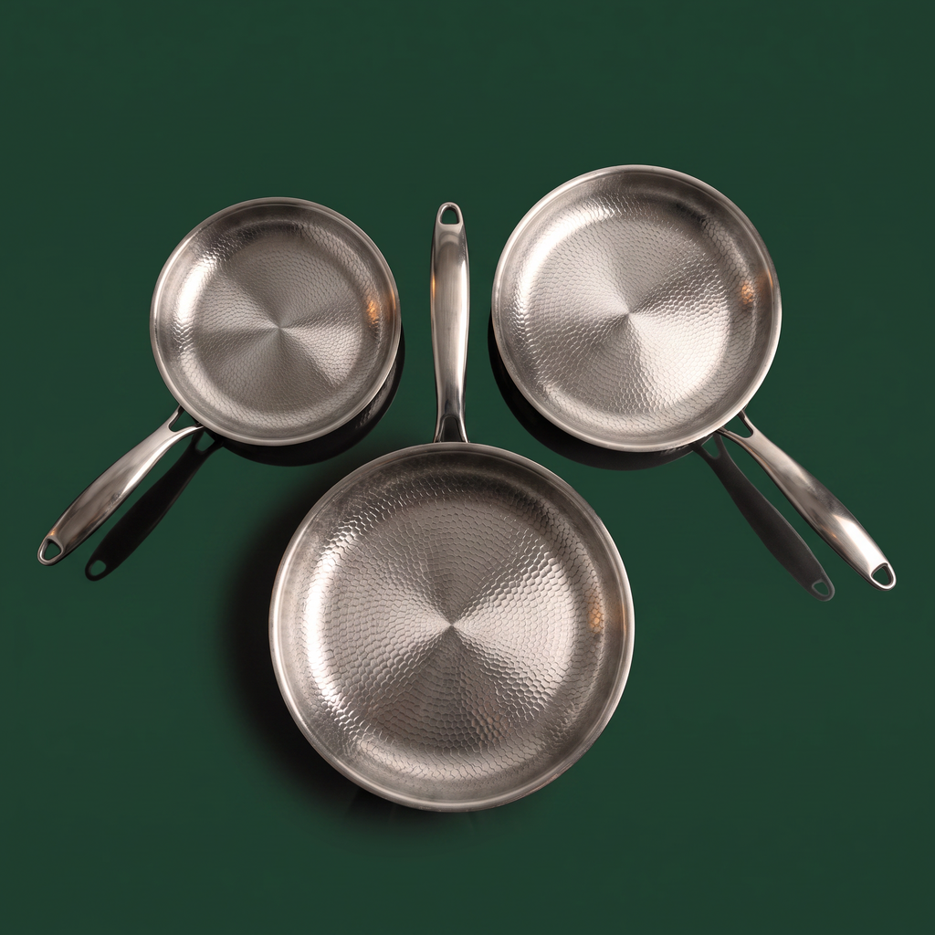 Set of 3 Hand-Hammered Titanium Frying Pans 24, 26 and 28 cm