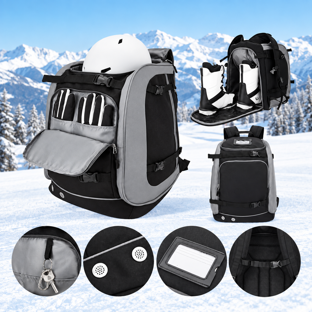 Ski Rucksack 65L | Skistiefeltasche mit Helmfach & Skibrillenfach | Oxford-Gewebe, verstellbare Trageriemen, Skihalterun