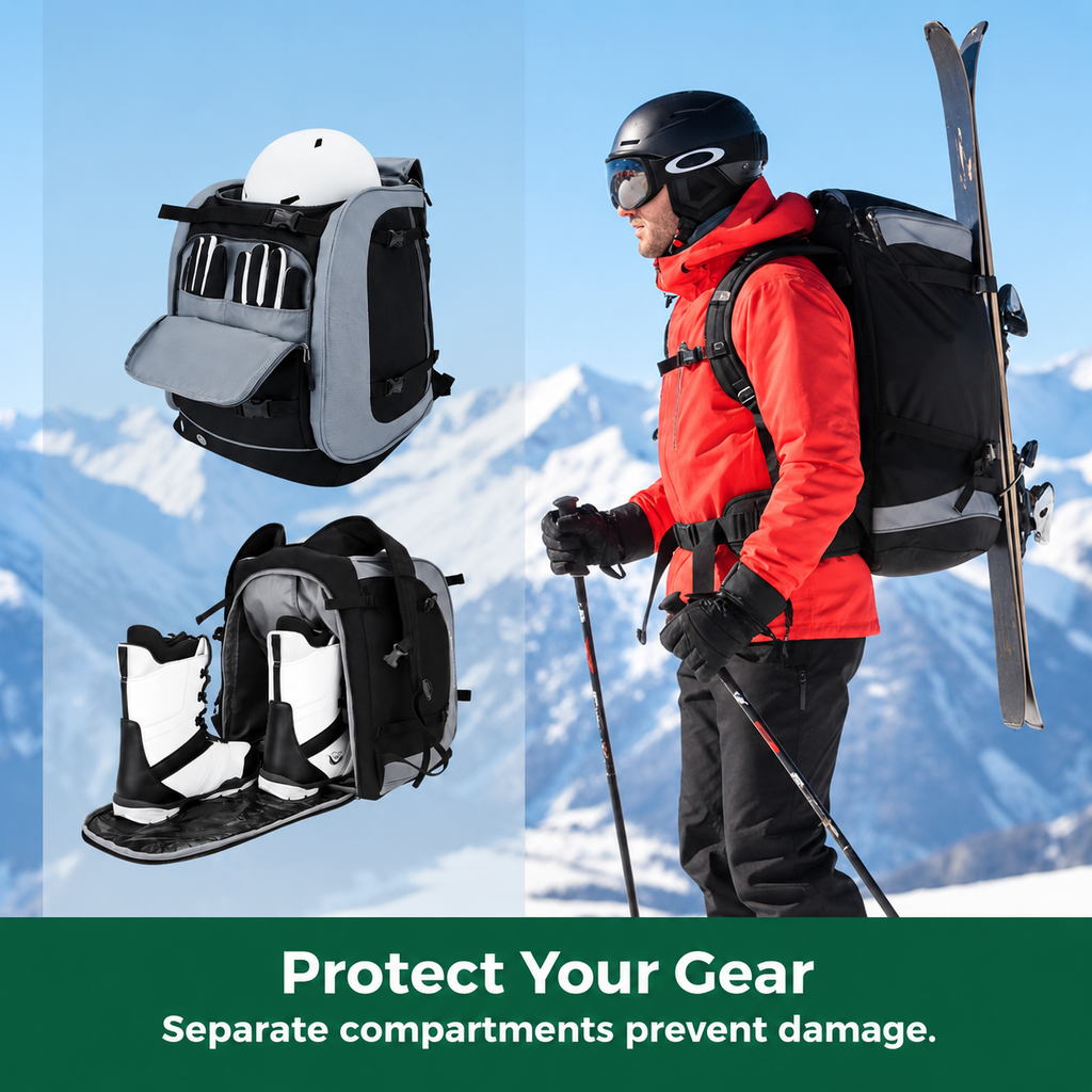 Ski Rucksack 65L | Skistiefeltasche mit Helmfach & Skibrillenfach | Oxford-Gewebe, verstellbare Trageriemen, Skihalterun