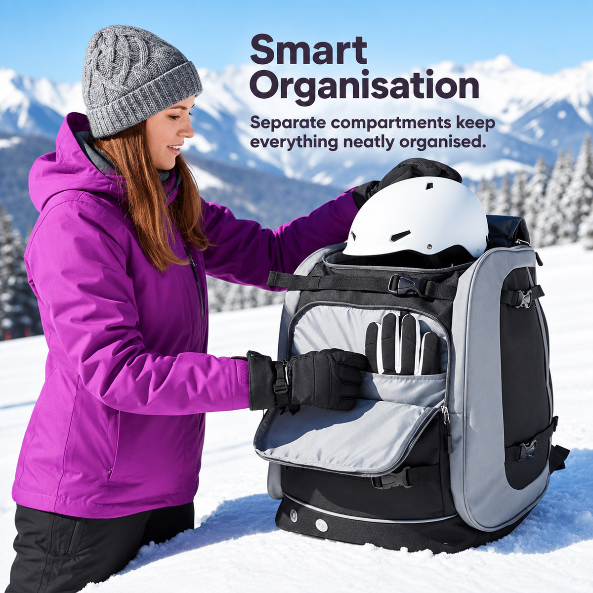 Ski Rucksack 65L | Skistiefeltasche mit Helmfach & Skibrillenfach | Oxford-Gewebe, verstellbare Trageriemen, Skihalterun