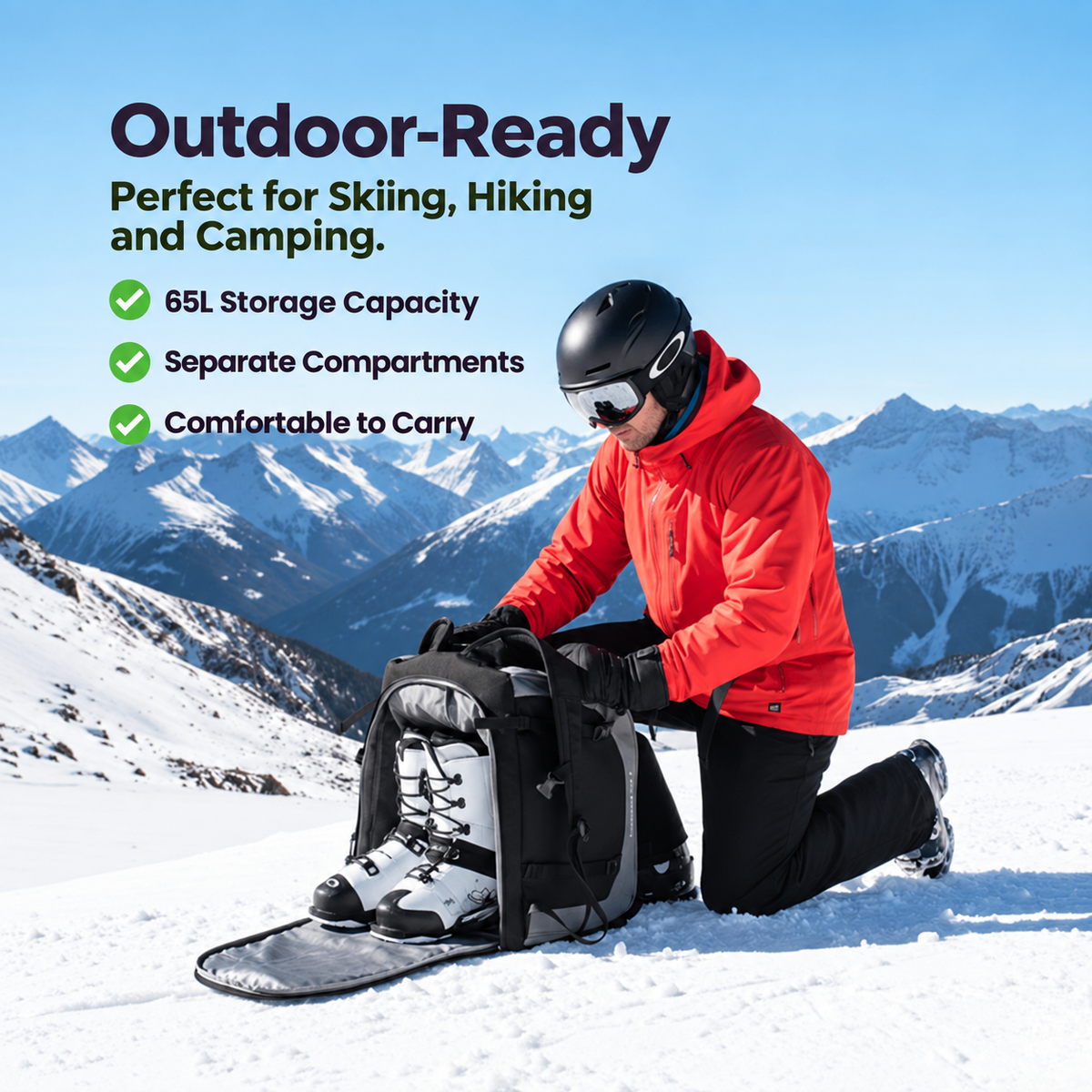 Ski Rucksack 65L | Skistiefeltasche mit Helmfach & Skibrillenfach | Oxford-Gewebe, verstellbare Trageriemen, Skihalterun