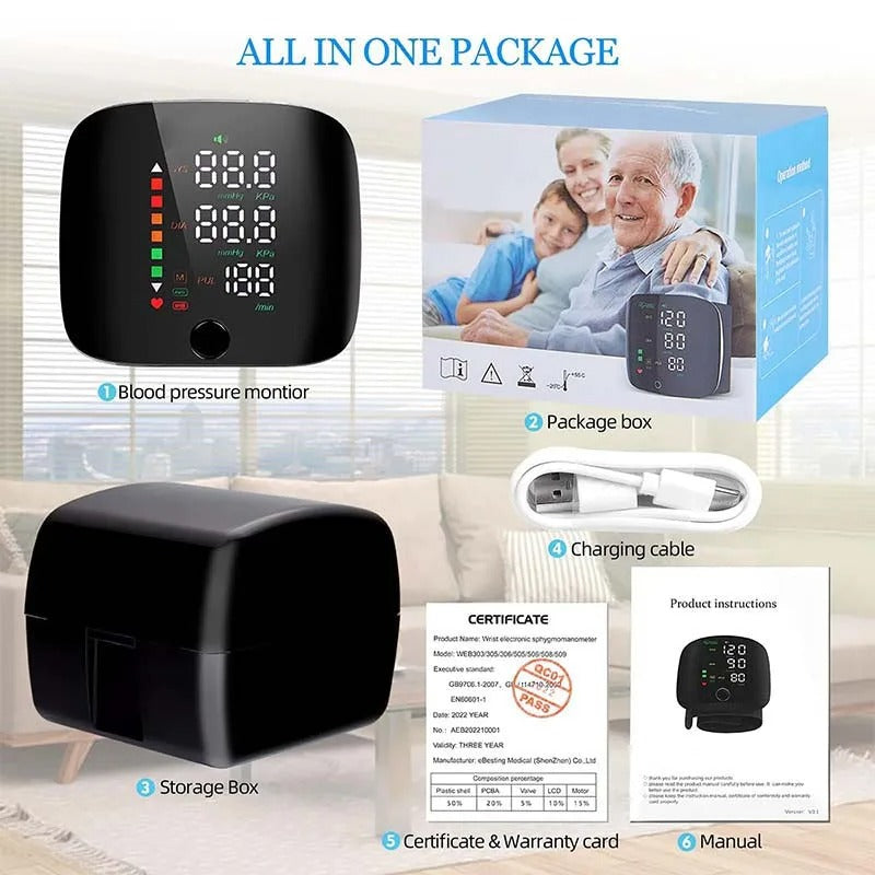 Smart Wrist Blood Pressure Monitor – Rechargeable with Voice Alerts