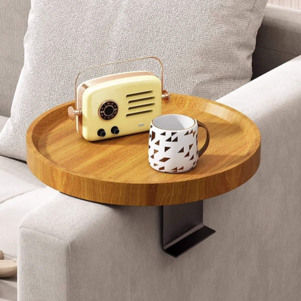 Sofa Armrest Tray | Solid Wood & Adjustable Clip-On | 30 cm Diameter