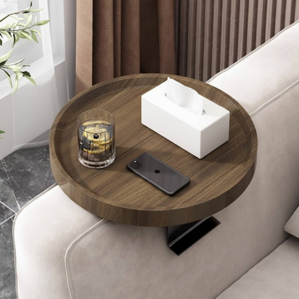 Sofa Armrest Tray | Solid Wood & Adjustable Clip-On | 30 cm Diameter