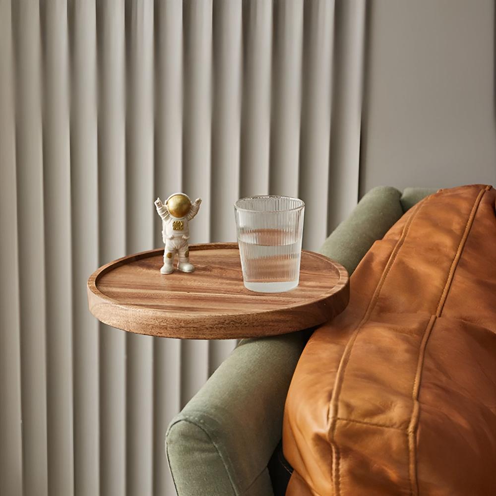 Sofa Armrest Tray | Solid Wood & Adjustable Clip-On | 30 cm Diameter