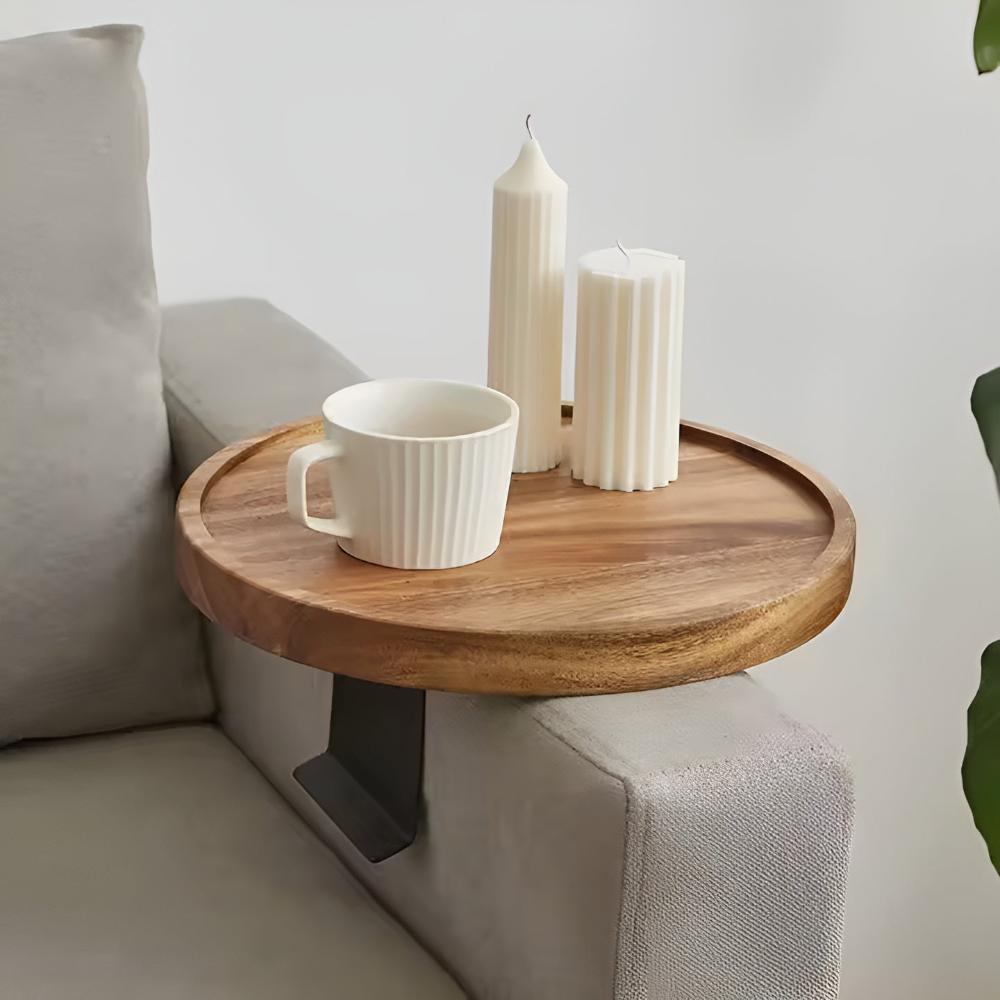 Sofa Armrest Tray | Solid Wood & Adjustable Clip-On | 30 cm Diameter