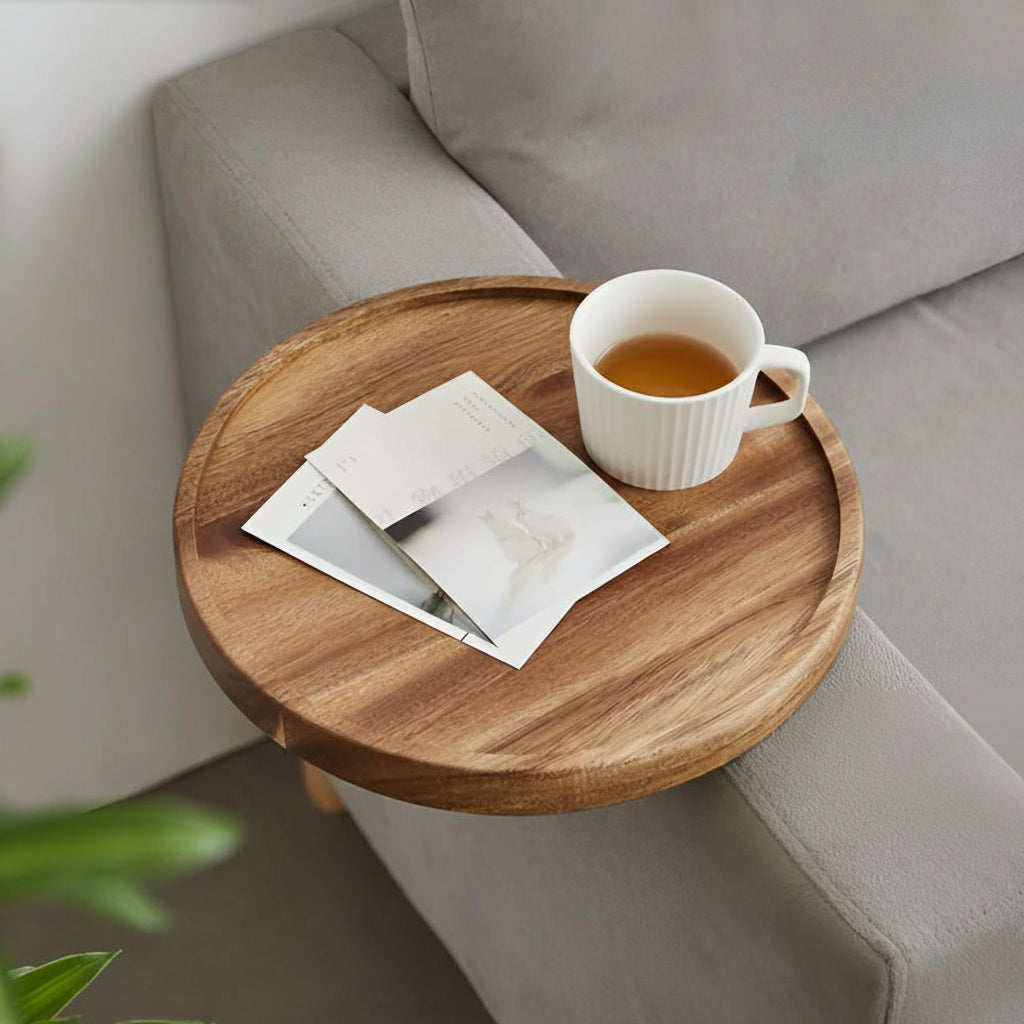 Sofa Armrest Tray | Solid Wood & Adjustable Clip-On | 30 cm Diameter