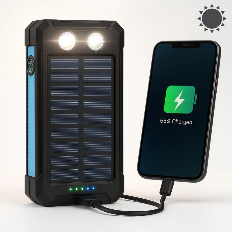 Solar Power Bank 20000mAh | Waterproof Shockproof Design | Solar + USB Charging, Multi-Mode LED Torch for Camping & Outd