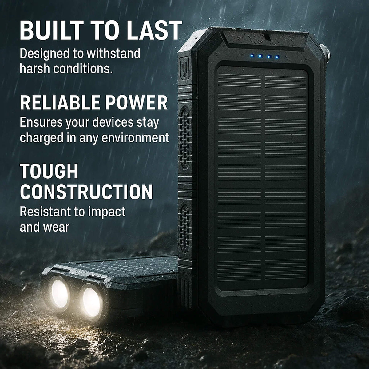 Solar Power Bank 20000mAh | Waterproof Shockproof Design | Solar + USB Charging, Multi-Mode LED Torch for Camping & Outd